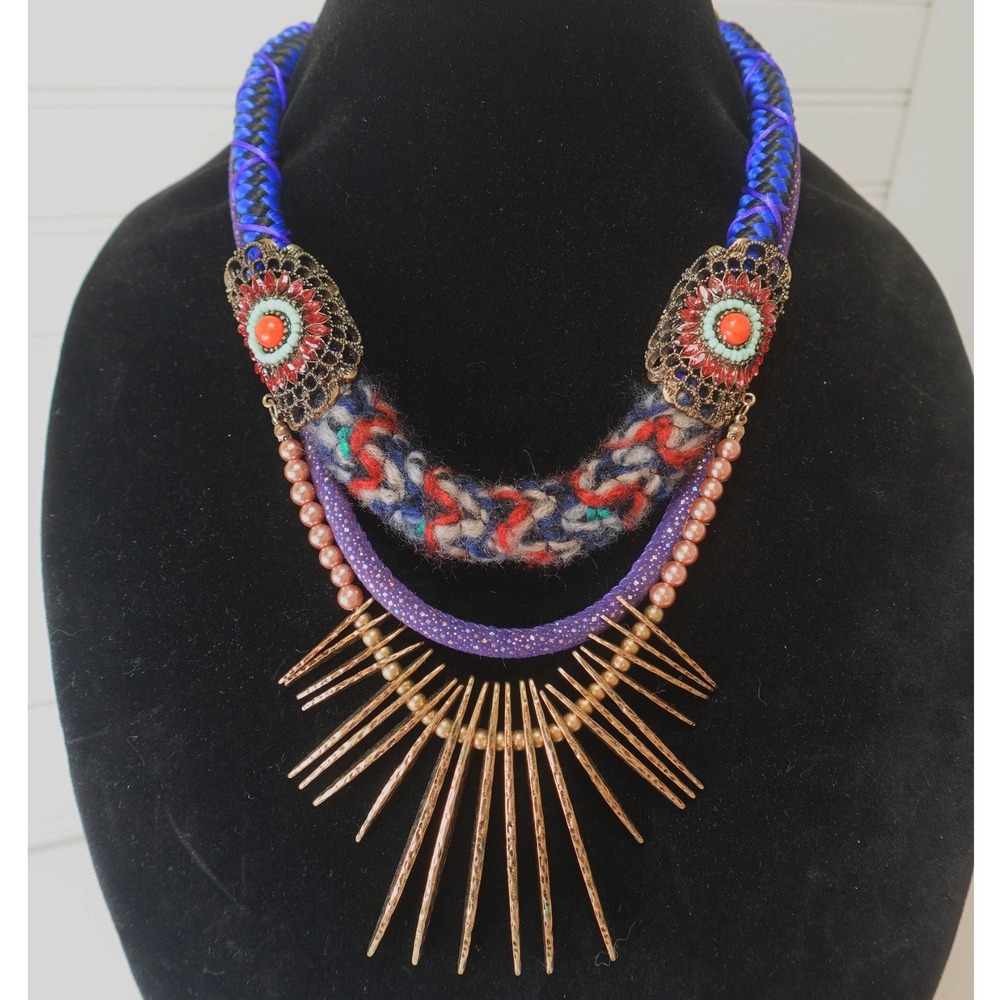 Vintage Tribal Multi-Stand Necklace Choker Chunky Woven Colorful Gold Tone Bib